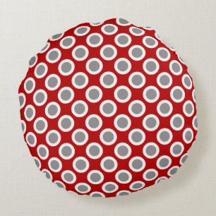 Retro circled dots, deep red and grey round cushion