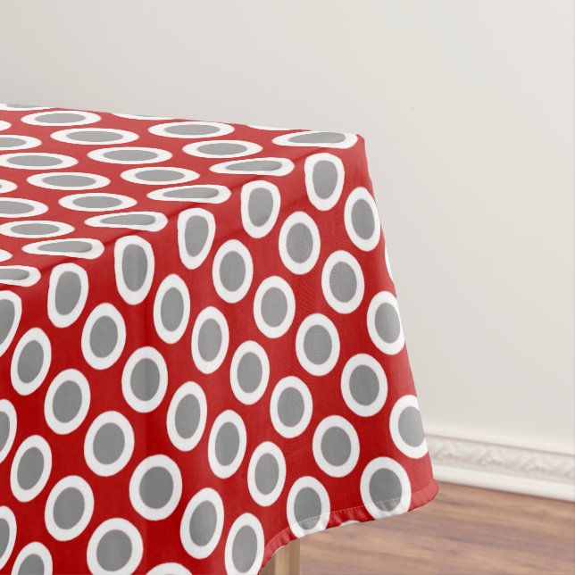 Retro circled dots, deep red and grey tablecloth (In Situ)