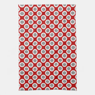Retro circled dots, deep red and grey tea towel