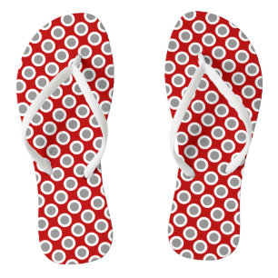 Retro circled dots, deep red and grey thongs