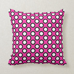 Retro circled dots, fuchsia, black and white cushion