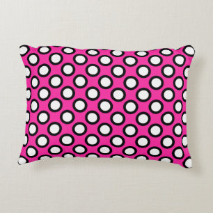 Retro circled dots, fuchsia, black and white decorative cushion