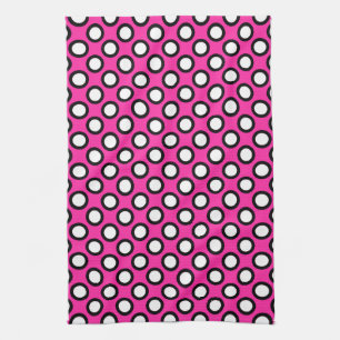 Retro circled dots, fuchsia, black and white tea towel