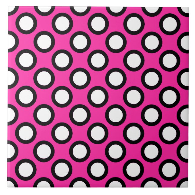 Retro circled dots, fuchsia, black and white tile (Front)