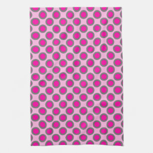 Retro circled dots, fuchsia, grey and pink tea towel