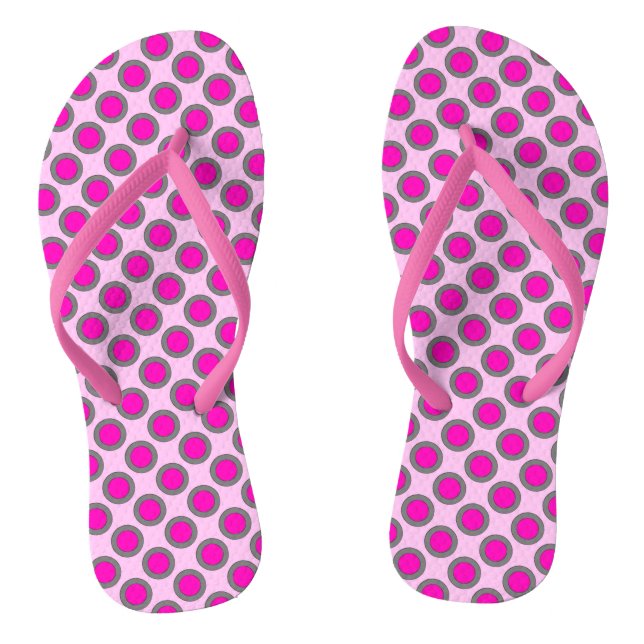 Retro circled dots, fuchsia, grey and pink thongs (Footbed)