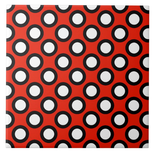 Retro circled dots, red, black and white ceramic tile (Front)