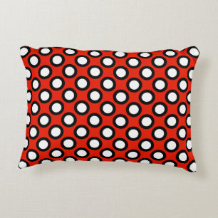 Retro circled dots, red, black and white decorative cushion