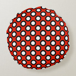 Retro circled dots, red, black and white round cushion