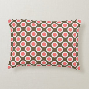 Retro circled dots, taupe and coral pink decorative cushion
