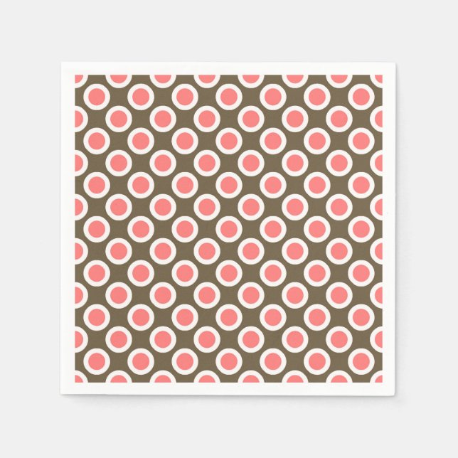 Retro circled dots, taupe and coral pink napkin (Front)