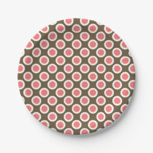 Retro circled dots, taupe and coral pink paper plate