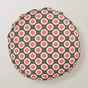 Retro circled dots, taupe and coral pink round cushion