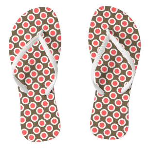 Retro circled dots, taupe and coral pink thongs