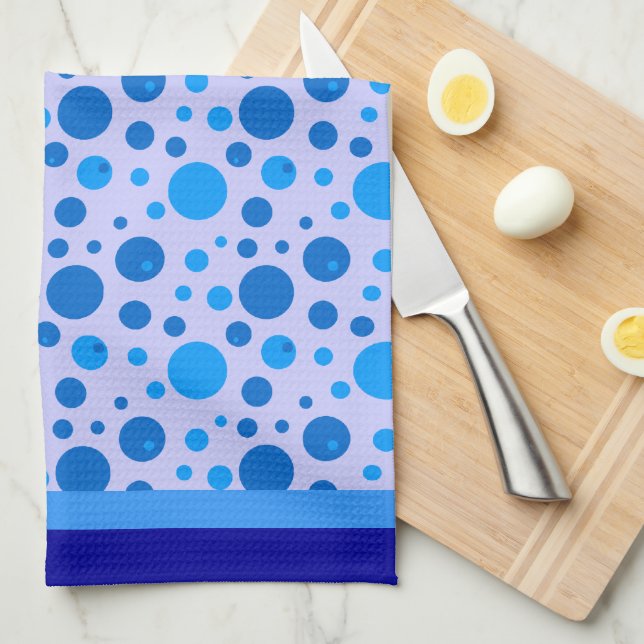 Retro Circles and Polka Dots in Blues on Blue Tea Towel (Quarter Fold)