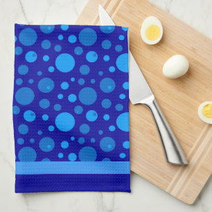 Retro Circles and Polka Dots in Blues on Dark Blue Tea Towel