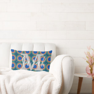 Retro Circles Geometric Monogram Name Peacock Lumbar Cushion