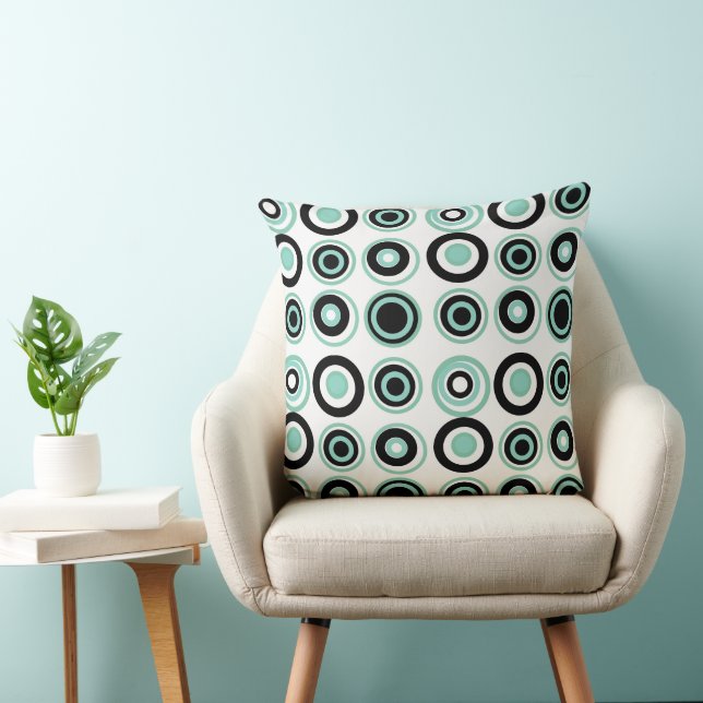 Retro Circles Jade Black On White Cushion (Chair)