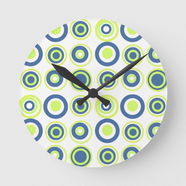Retro Circles Lime Pea Green Teal On White  Round Clock (Front)