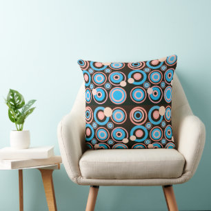Retro Circles Party Coral Turquoise Black Cushion