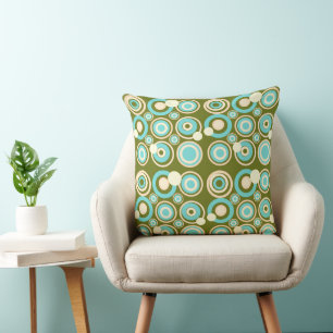 Retro Circles Party Dusty Olive Turquoise Cream Cushion