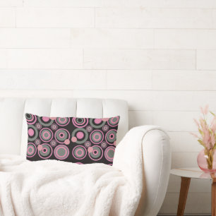 Retro Circles Party Dusty Pink Grey Black Lumbar Cushion
