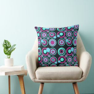 Retro Circles Party Turquoise Magenta Black Cushion