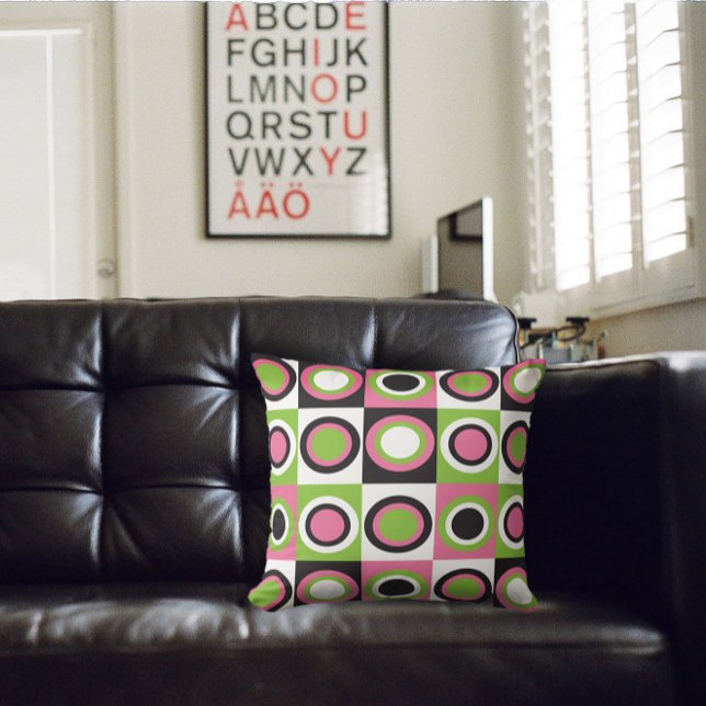 Retro Circles Pattern Pink Green Black White Cushion (A throw pillow with a retro pattern of green, black, pink and white circles)