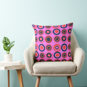 Retro Circles Red Orange Navy On Pink Cushion