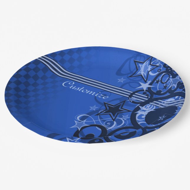 Retro Circles & Stars Blue Paper Plates (Angled)