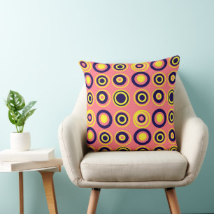 Retro Circles Yellow Navy On Blush Pink Cushion