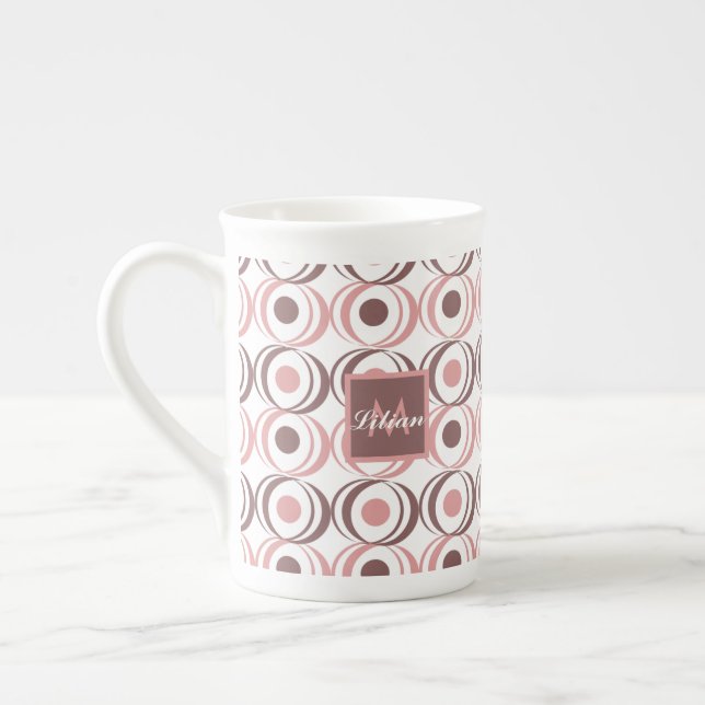 Retro Circular Earthy Tone Pink Monogrammed   Bone China Mug (Left)