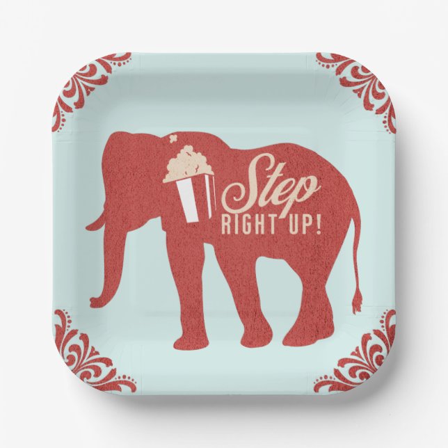 Retro Circus Elephant Popcorn Birthday Party  Paper Plate (Front)