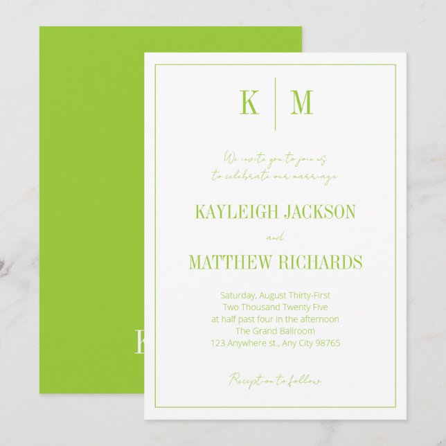 Retro Citrus Green Classic Monogram Wedding Invitation (Front/Back)