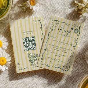 Retro Citrus Green hand drawn wedding QR RSVP Card