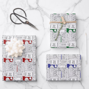 Retro City Brownstones Personalized Jewel-Toned Wrapping Paper Sheet