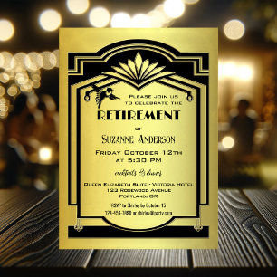Retro Classic Black Gold Art Deco Retirement Party Invitation