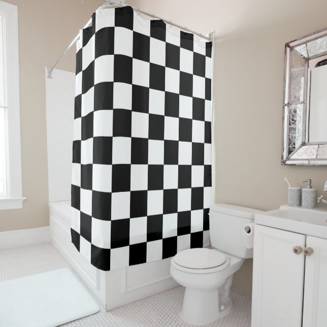 Retro Classic Black White Chequered Shower Curtain (In Situ)