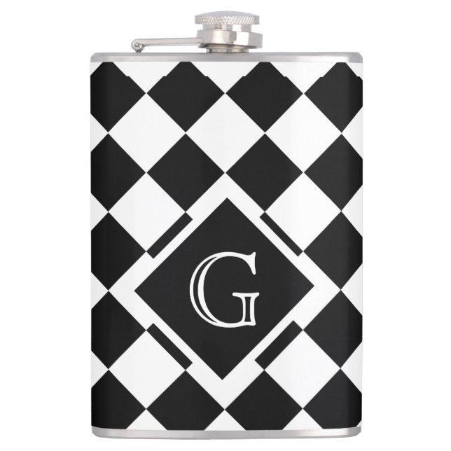 Retro Classic Black White Triangle Square Monogram Hip Flask (Front)