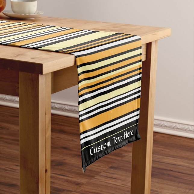 Retro Classic Black Yellow Stripe Personalised Short Table Runner (In Situ)