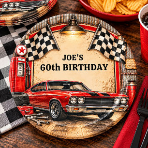 Retro Classic Garage Muscle Car Racing Birthday Paper Plate