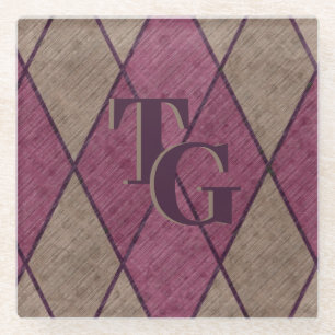 Retro Classic Purple Diamond Argyle Monogram Glass Coaster