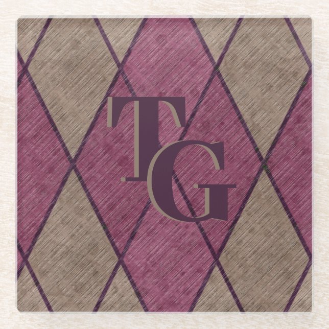 Retro Classic Purple Diamond Argyle Monogram Glass Coaster (Front)