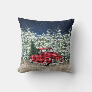 Retro Classic Rustic Forest Christmas Red Truck Cushion