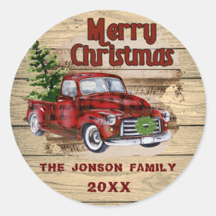 Retro Classic Rustic Wood Merry Christmas Truck Round Sticker
