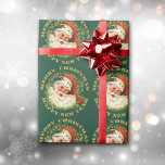 Retro Classic Santa and Wreath Gold Wrapping Paper<br><div class="desc">This festive Christmas gift wrap features a wonderful vintage portrait of Santa Claus, complete with his traditional red and white stocking cap and bushy white beard. He wears a sprig of holly with a red berry. The portrait is surrounded by a wreath of pine needles on a forest green background....</div>