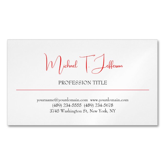 Retro Classical Elegant Plain Simple Red White Magnetic Business Card (Front)