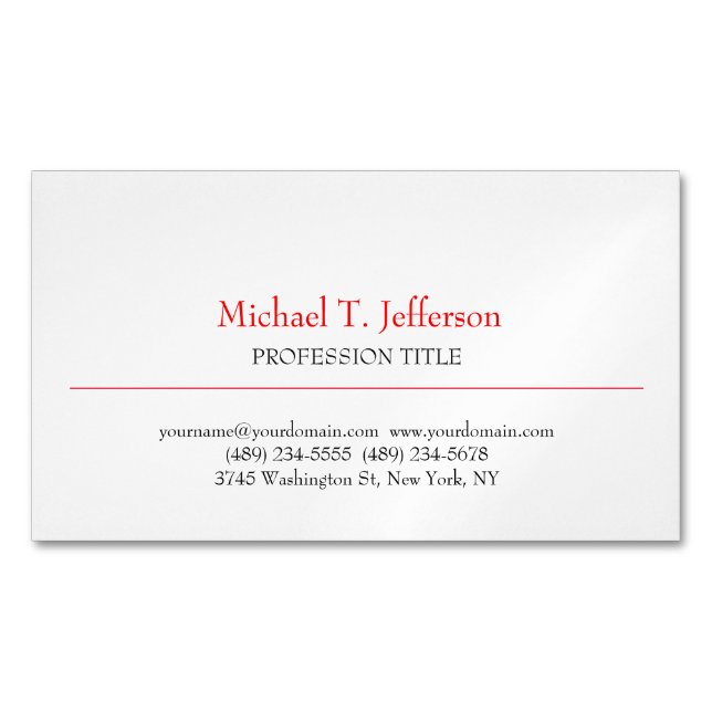 Retro Classical Elegant Plain Simple Red White Magnetic Business Card (Front)