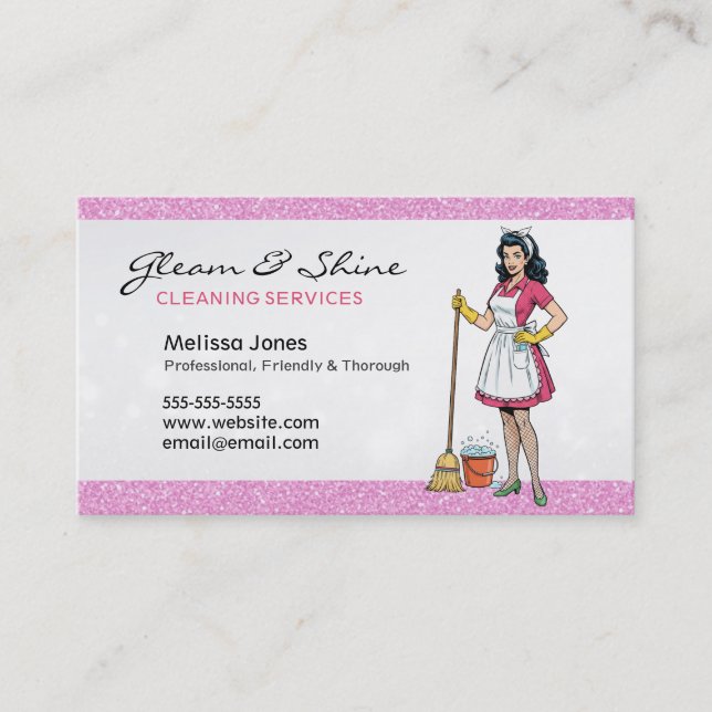 Retro Cleaning Lady Cleaner Pink Faux Glitter Business Card (Front)