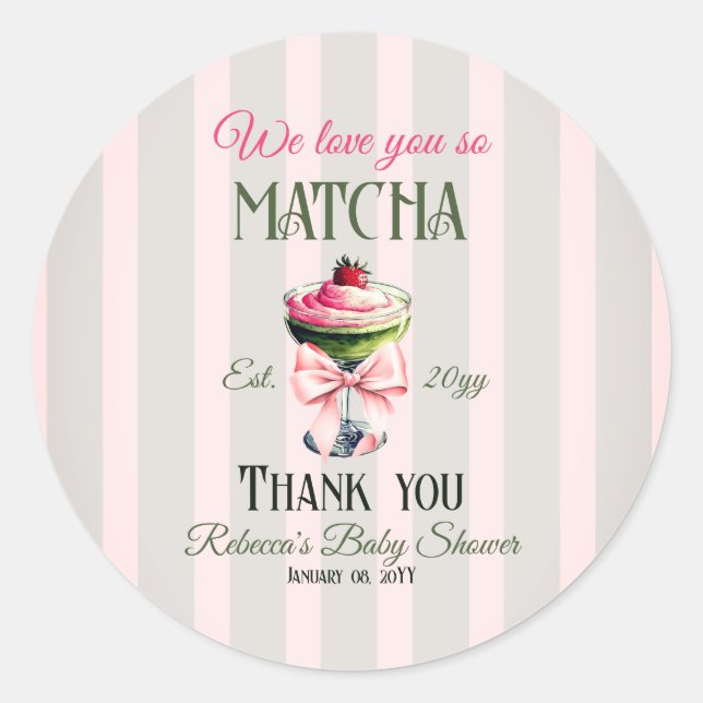 Retro Club Pink Bow Love You Matcha Baby Shower Classic Round Sticker (Front)